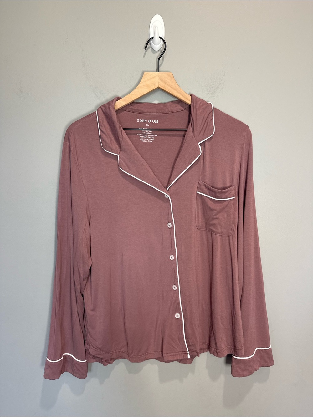 Eden & Om Bamboo Pajama Top XL Mauve Long Sleeve Button Front Sleep Shirt